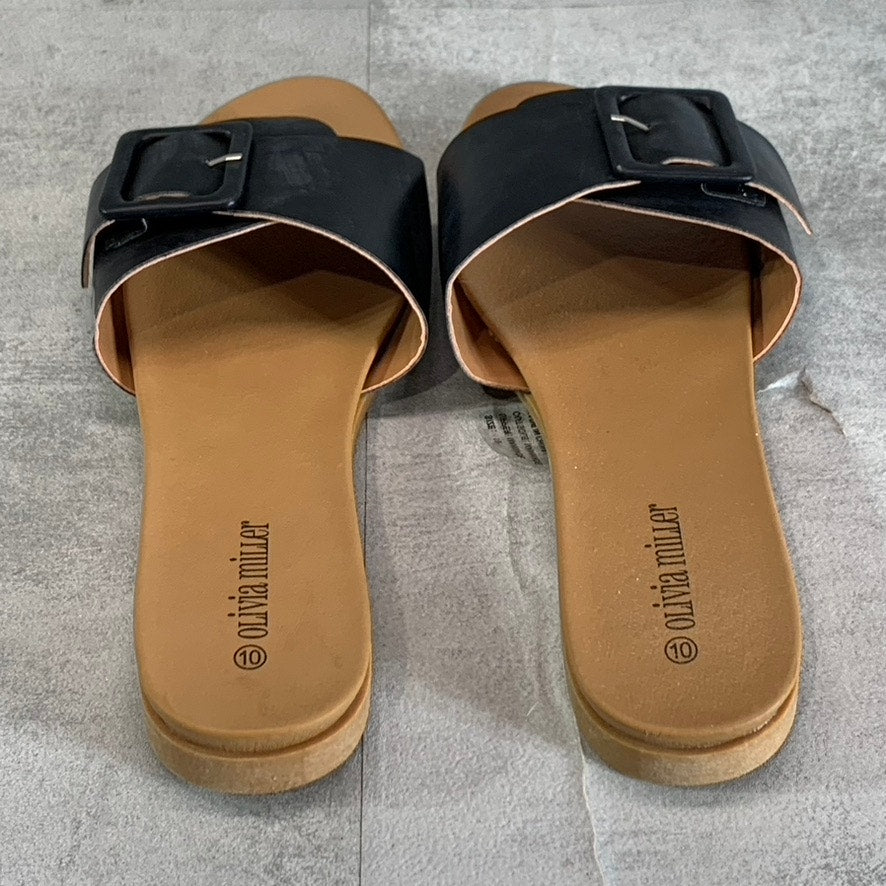OLIVIA MILLER Women's Black Mia Buckle Round-Toe Slide Sandals SZ 10