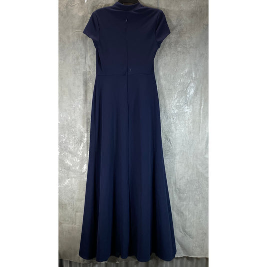 BESTY & ADAM Women's Navy Asymmetrical Pleat Neck Split Hem Maxi Gown SZ 8