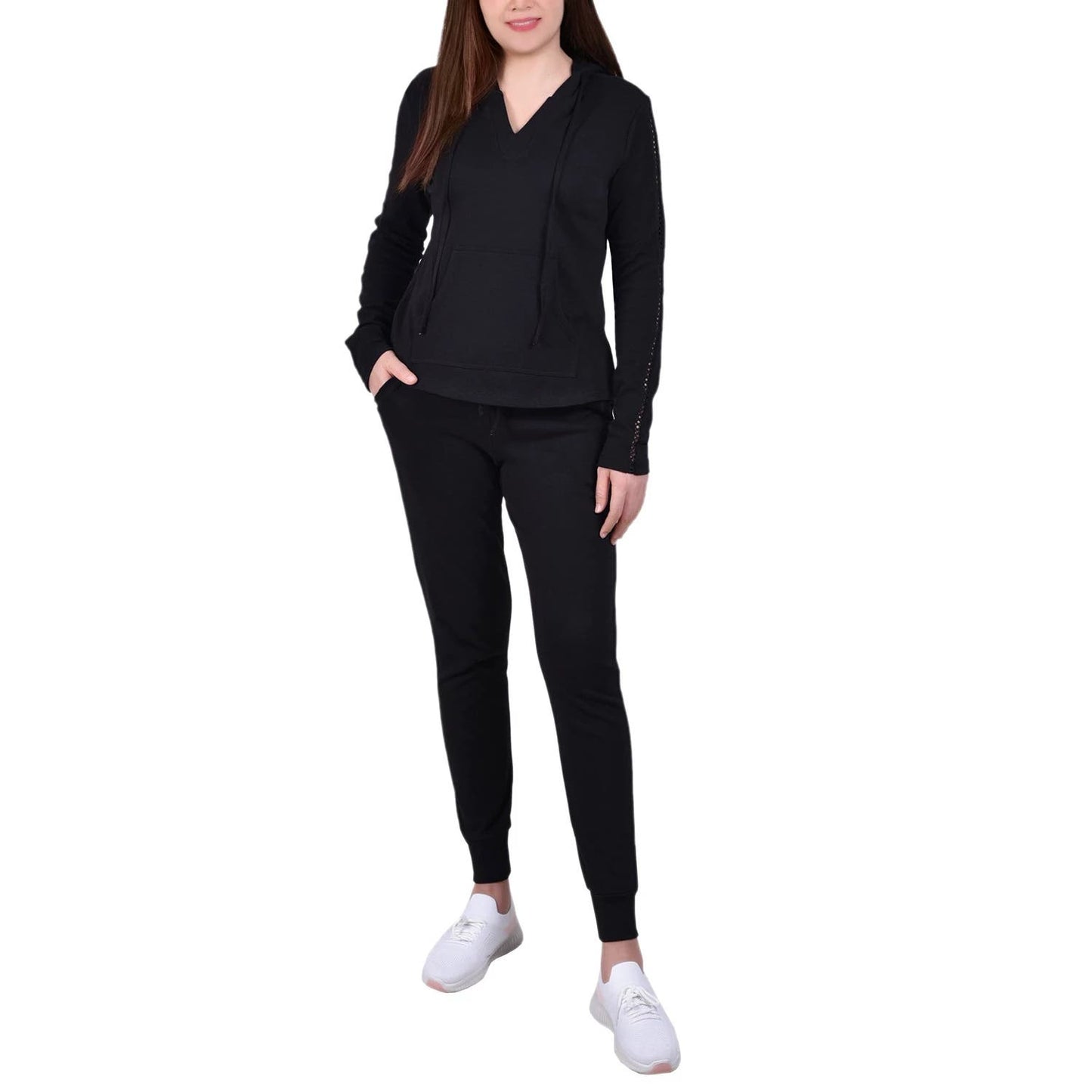 NY COLLECTION Women's Petite Black Kangaroo Pocket Long Sleeve Jogger Set SZ P/M