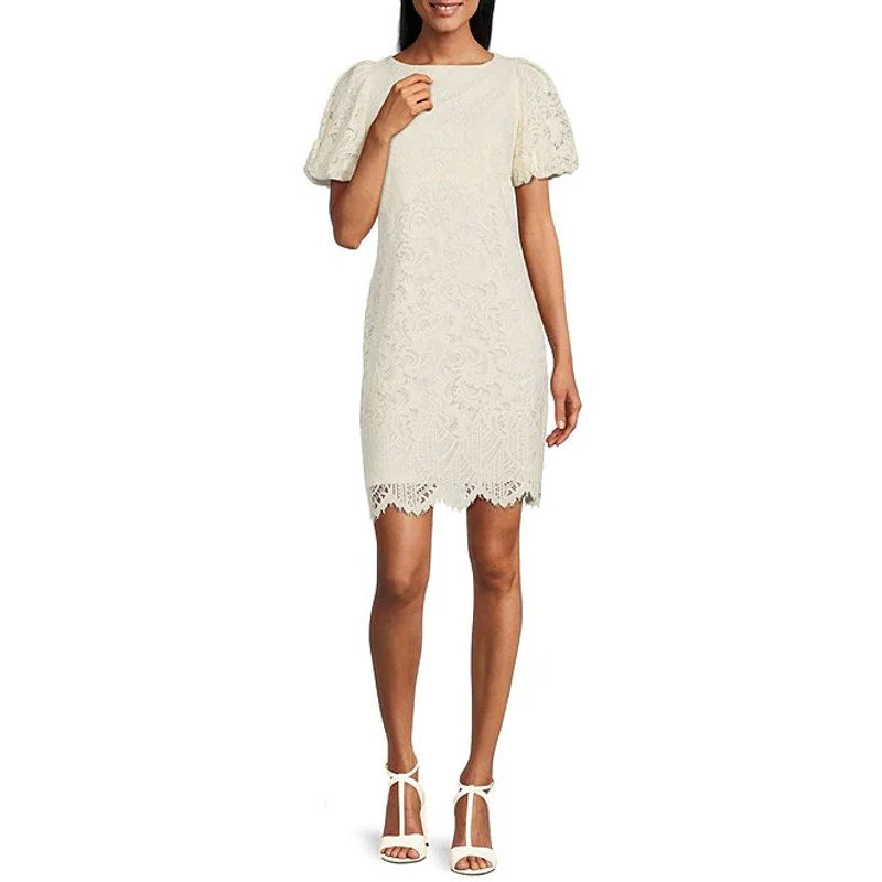 JESSICA HOWARD Women's Off-White Lace Scalloped Puff-Sleeve Mini Shift Dress SZ8