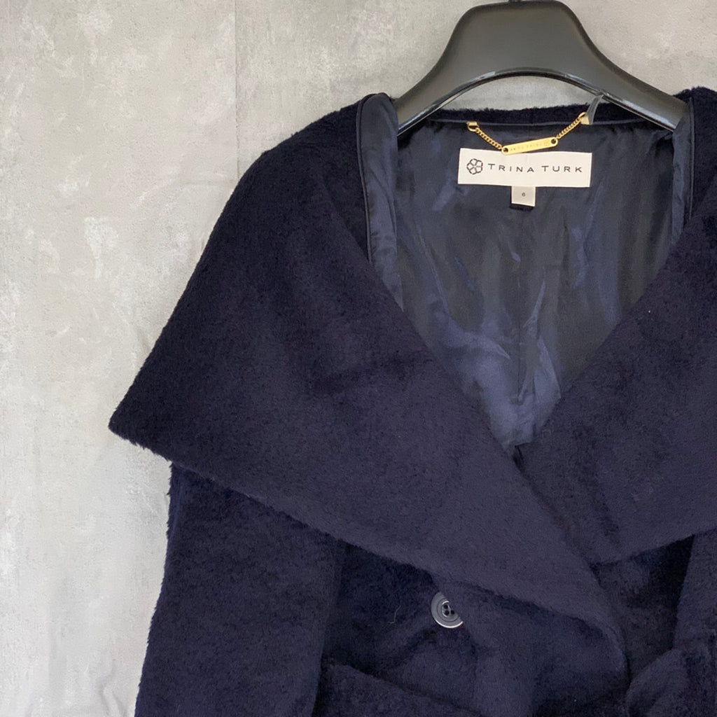 TRINA TURK Navy Grace Hooded Two-Button Belted Alpaca Coat SZ 6