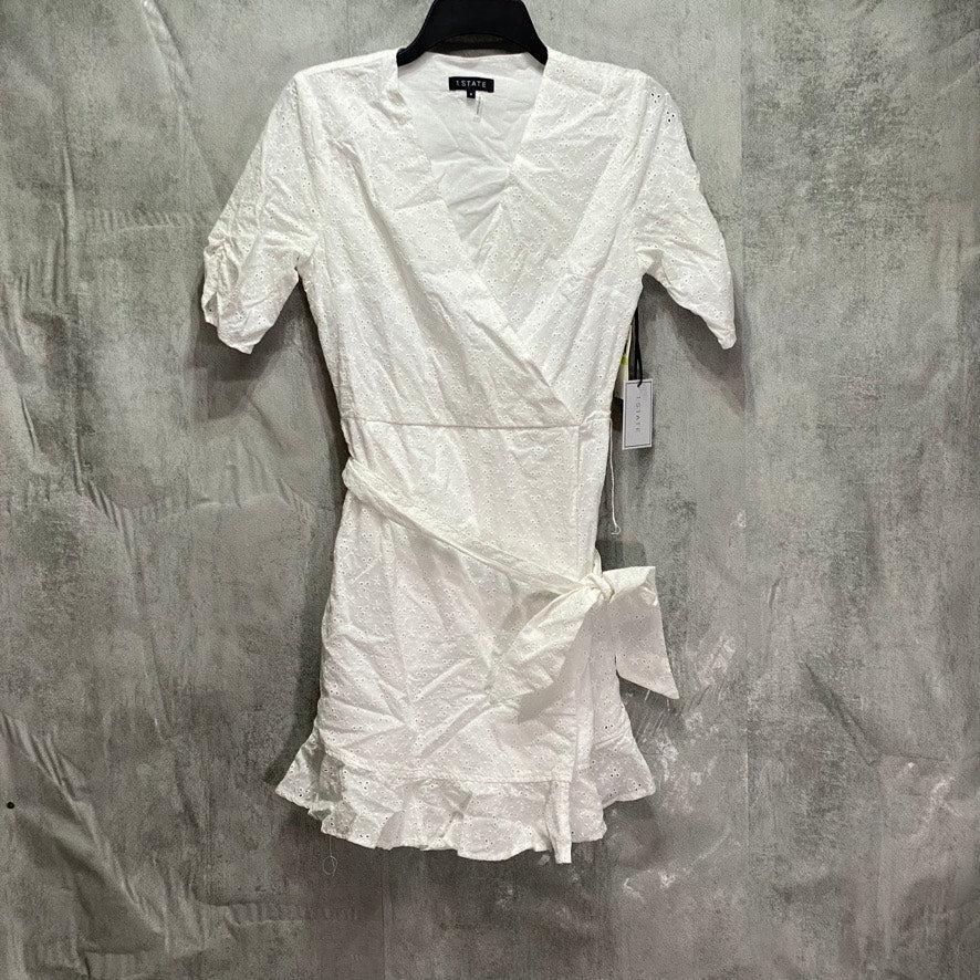 1. STATE White Wrap-Front Tie Waist V-Neck Ruched Short-Sleeve Mini Dress SZ 4