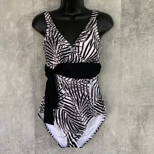 TOMMY BAHAMA Black White Island Sculpt V-Neck Faux Wrap One-Piece Bathing Suit SZ 6