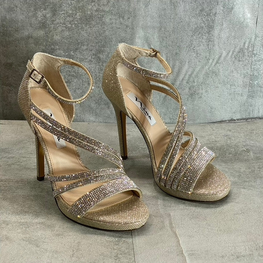 NINA Women's Soft Platino Dreamland Freyja Rhinestone Embellished Open-Toe Stiletto Sandals SZ 7.5