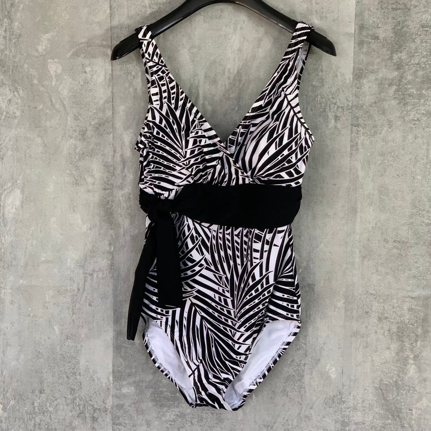 TOMMY BAHAMA Black White Island Sculpt V-Neck Faux Wrap One-Piece Bathing Suit SZ 6