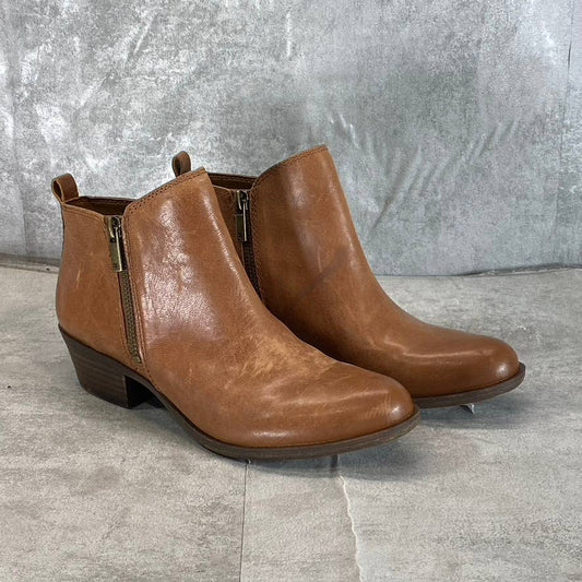 LUCKY BRAND Women's Toffee Barillos Leather Basel Double Block-Heel Boots SZ 6.5