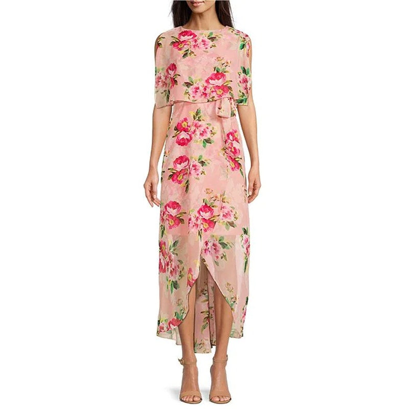 JESSICAS HOWARD Women's Petite Blush Floral Print Short Split Sleeve Tie Waist