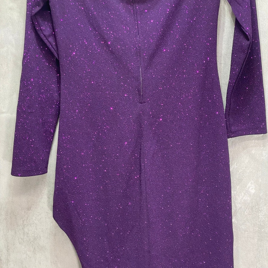 CITY STUDIO Junior's Purple Glitter Asymmetrical Long-Sleeve Cutout Bust Mini Dress SZ XL