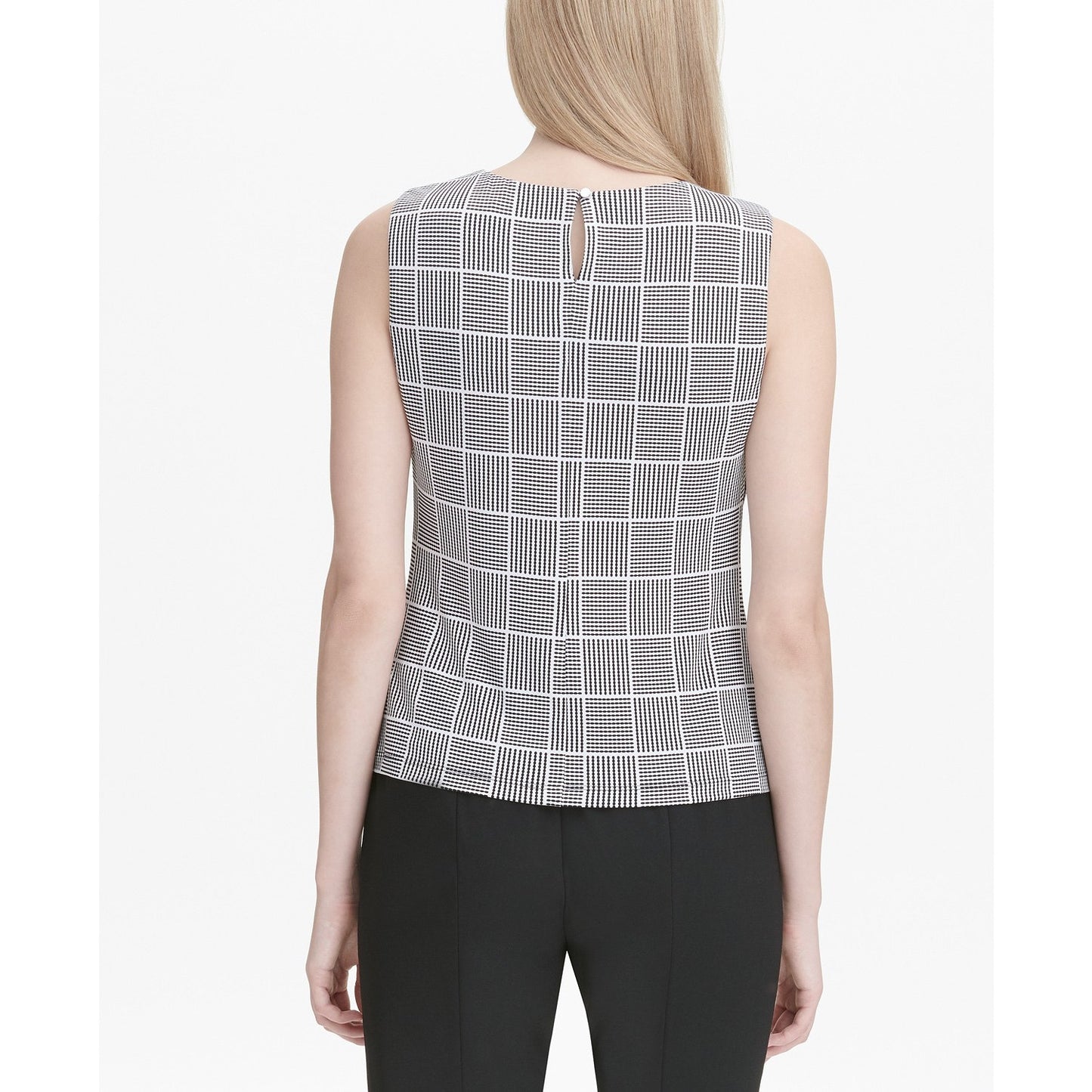 CALVIN KLEIN Petite Black Cream Geometric Dot Square Sleeveless Pleated Top SZ PXS