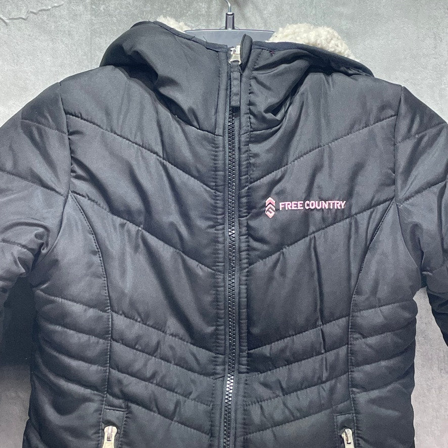 FREE COUNTRY Kid's Sloid Black Hooded Quilted Full-Zip Puffer Jacket SZ S(7-8)