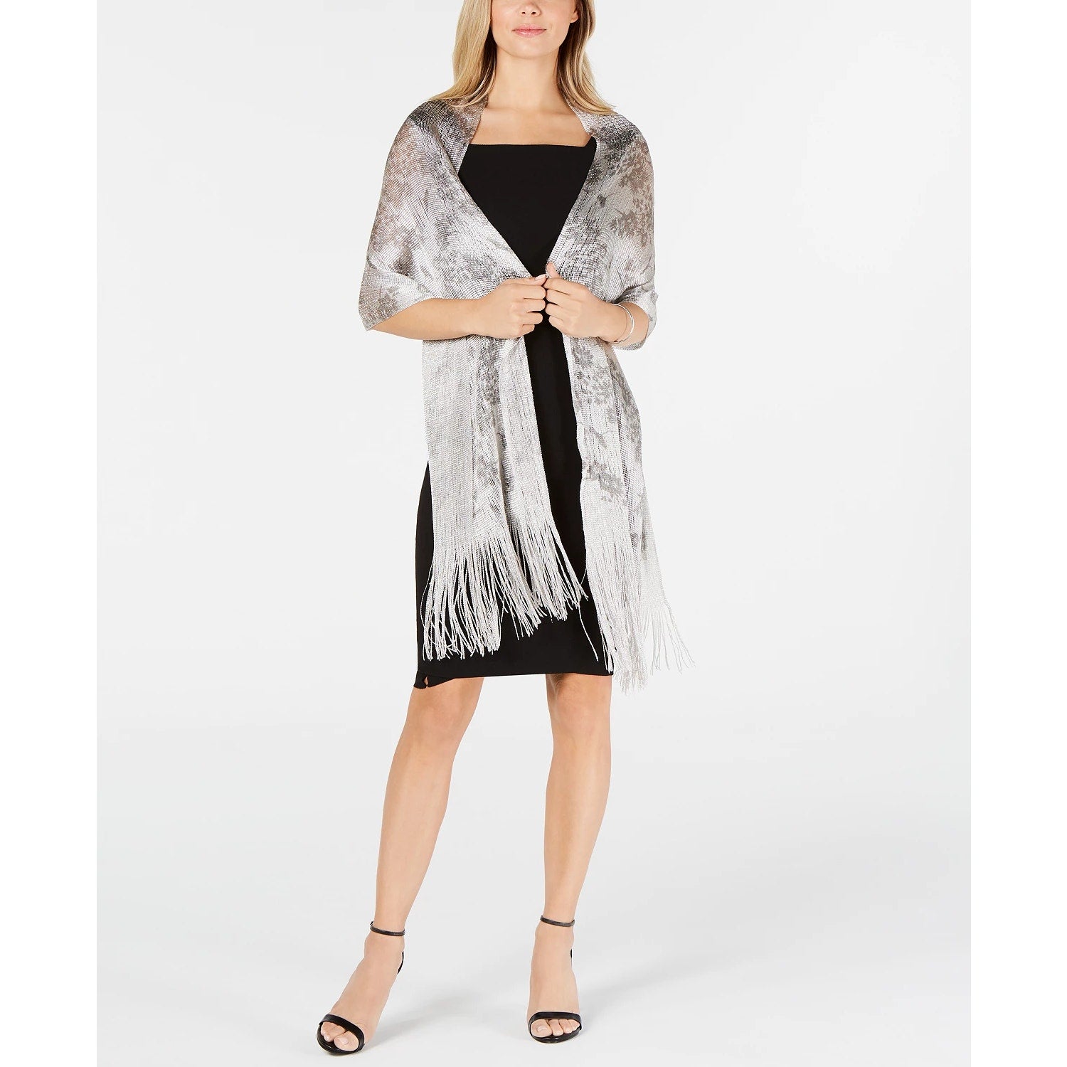 INC INGTERNATIONAL CONCEPTS Silver Floral Dream Fringed Net Wrap OS