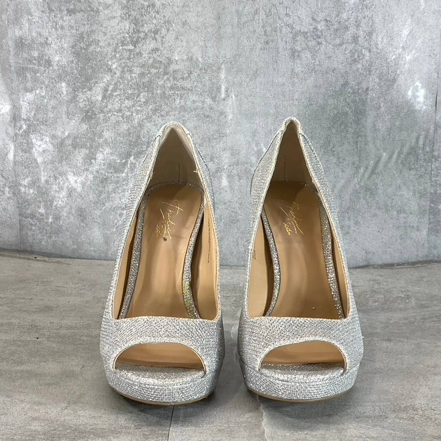 THALIA SODI Women's Silver Rhinestone Lenna Stiletto Peep-Toe Pumps SZ 6.5