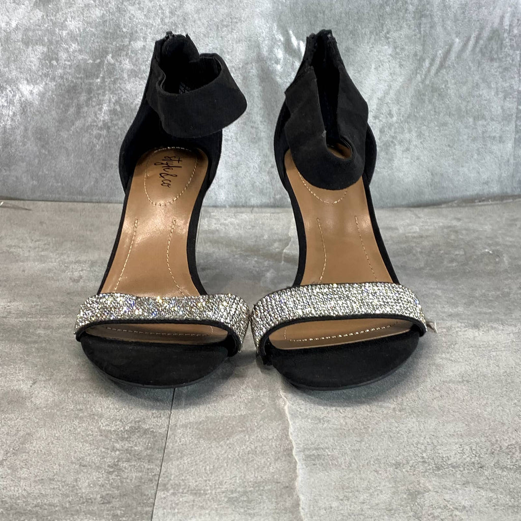 STYLE & CO Women's Black Rhinestone Phillyis Two-Piece Evening Sandals SZ 6