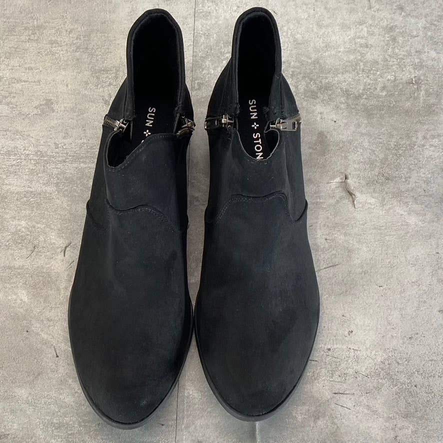 SUN+STONE Women's Black Micro Abby Double-Zip Round-Toe Block-Heel Booties SZ 10