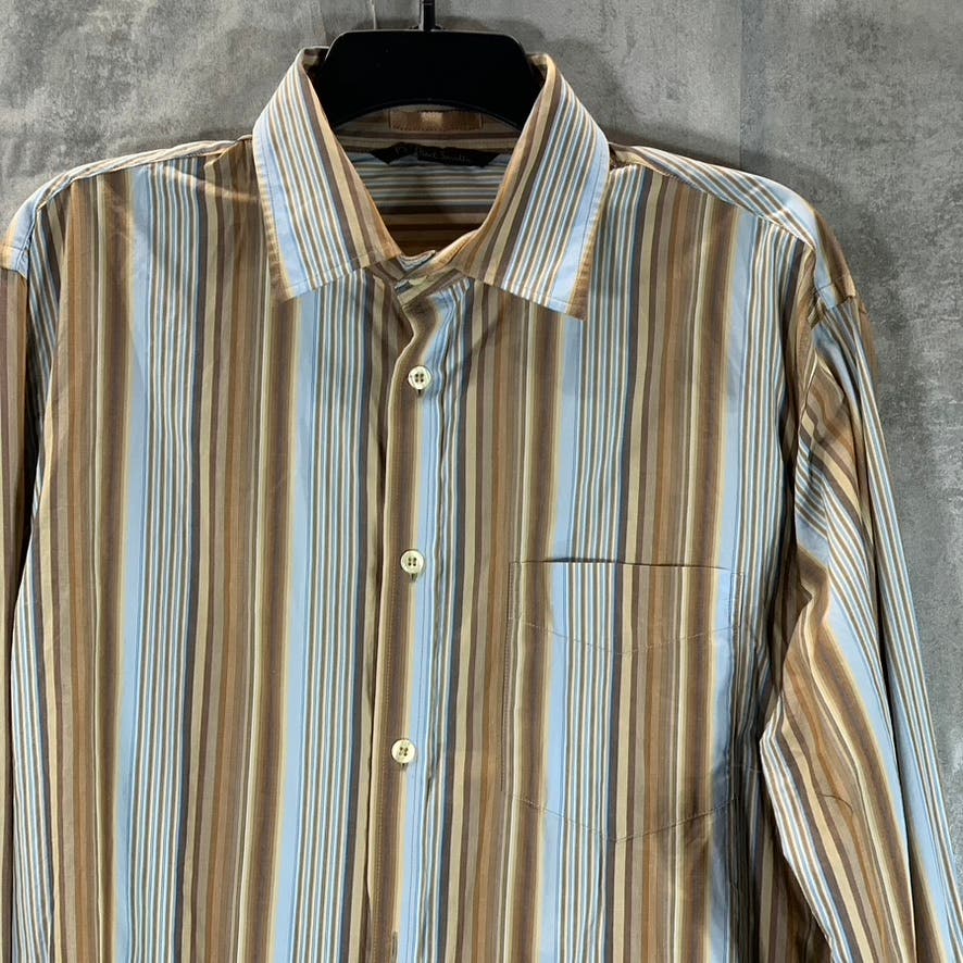 PS. PAUL SMITH Men's Brown/Blue Striped Satin-Trim Wide Cuff Shirt SZ NA