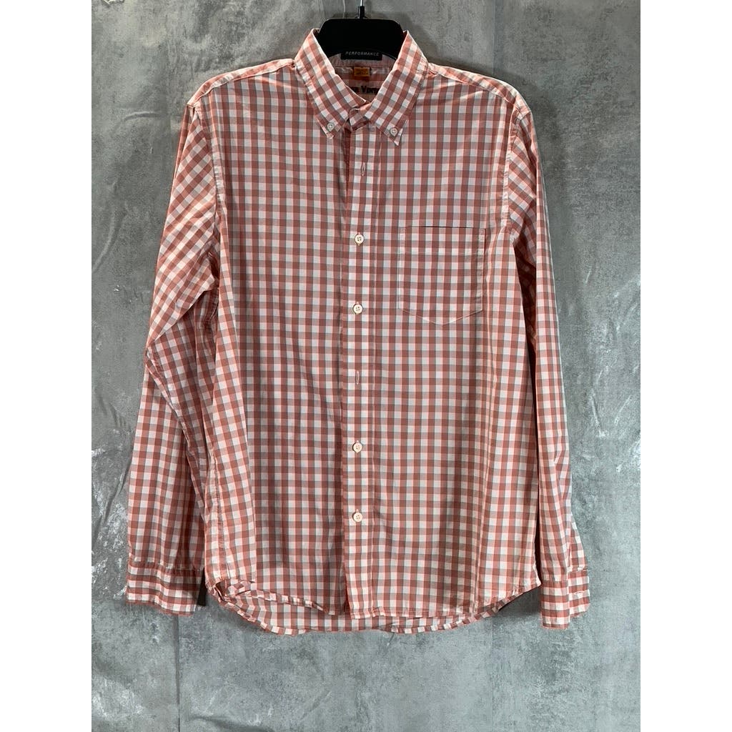 TAILOR VINTAGE Men's Orange/White Gingham Performance Stretch Shirt SZ M