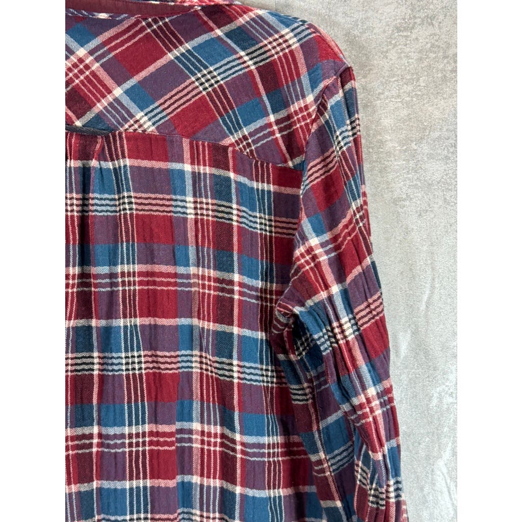 KUT FROM THE KLOTH Women's Burgundy/Blue Plaid Button-Up Flannel Top SZ L