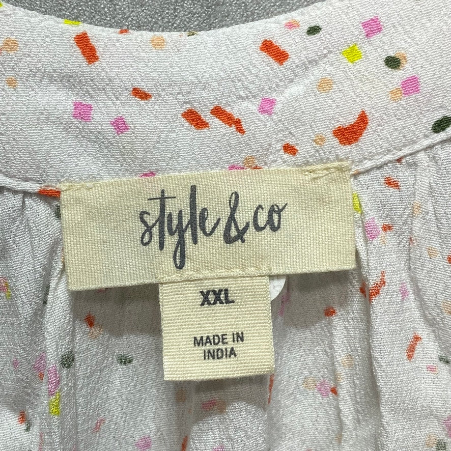 STYLE & CO White Confetti-Print Split-Neck Tassel Tank Top SZ 2XL