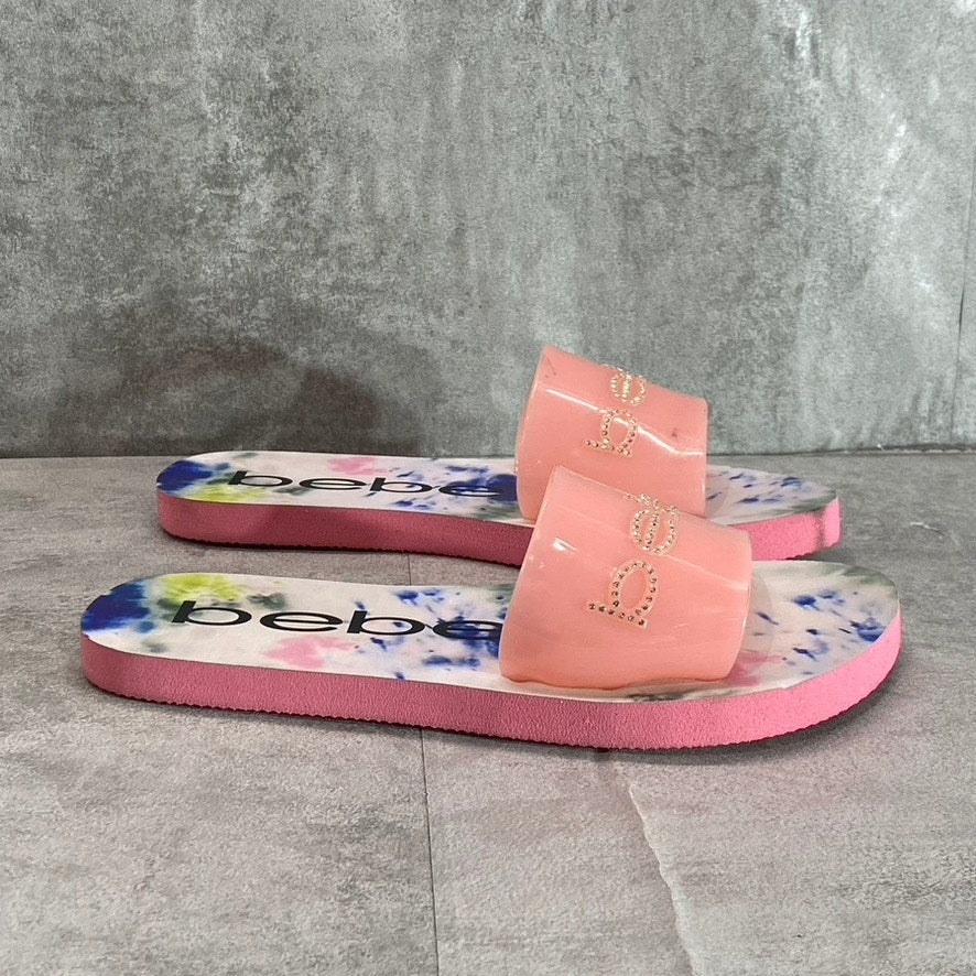 BEBE Women's Pink Leanna Rhinestone Embellished Logo Vamp Slide Sandals SZ 6