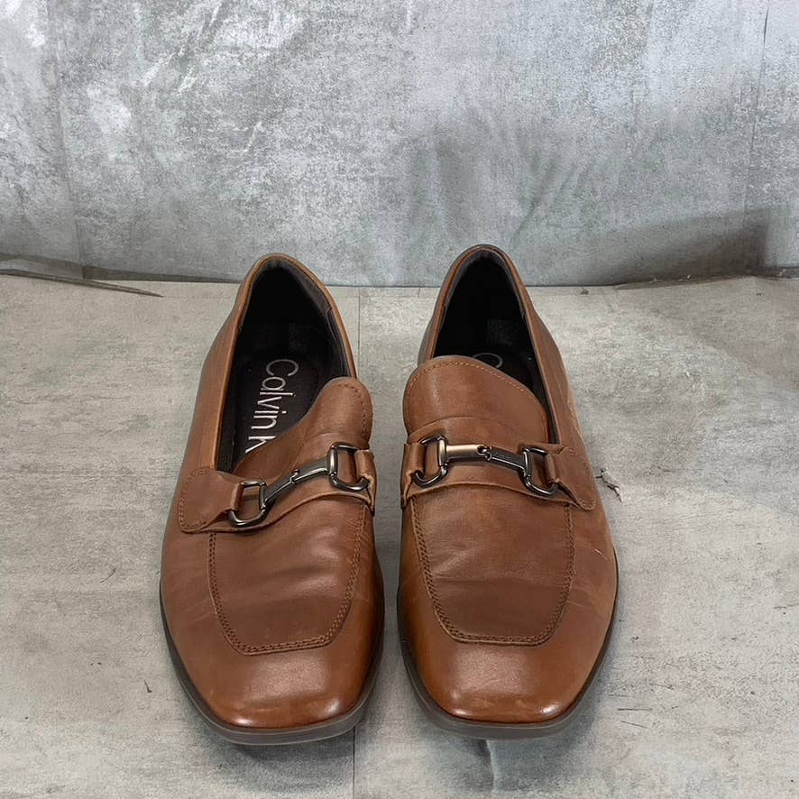 CALVIN KLEIN Men's Dark Tan Leather Malcome Slip-On Casual Loafers SZ 9.5