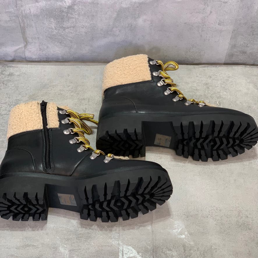 STEVE MADDEN Black Leather Faux-Fur Aniko Side Zipper Lace-Up Winter Boots SZ 10