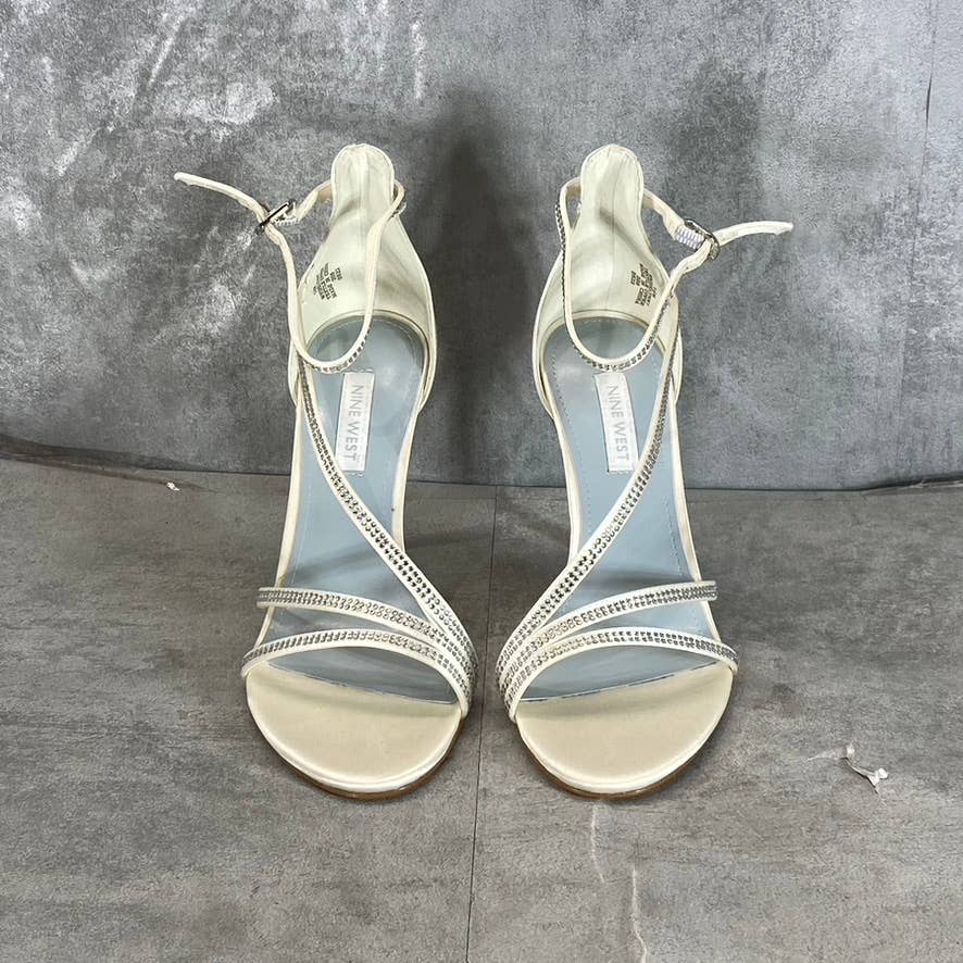 NINE WEST Women's Ivory Irelynn Ankle-Strap Rhinestone Dress Sandals SZ 5.5
