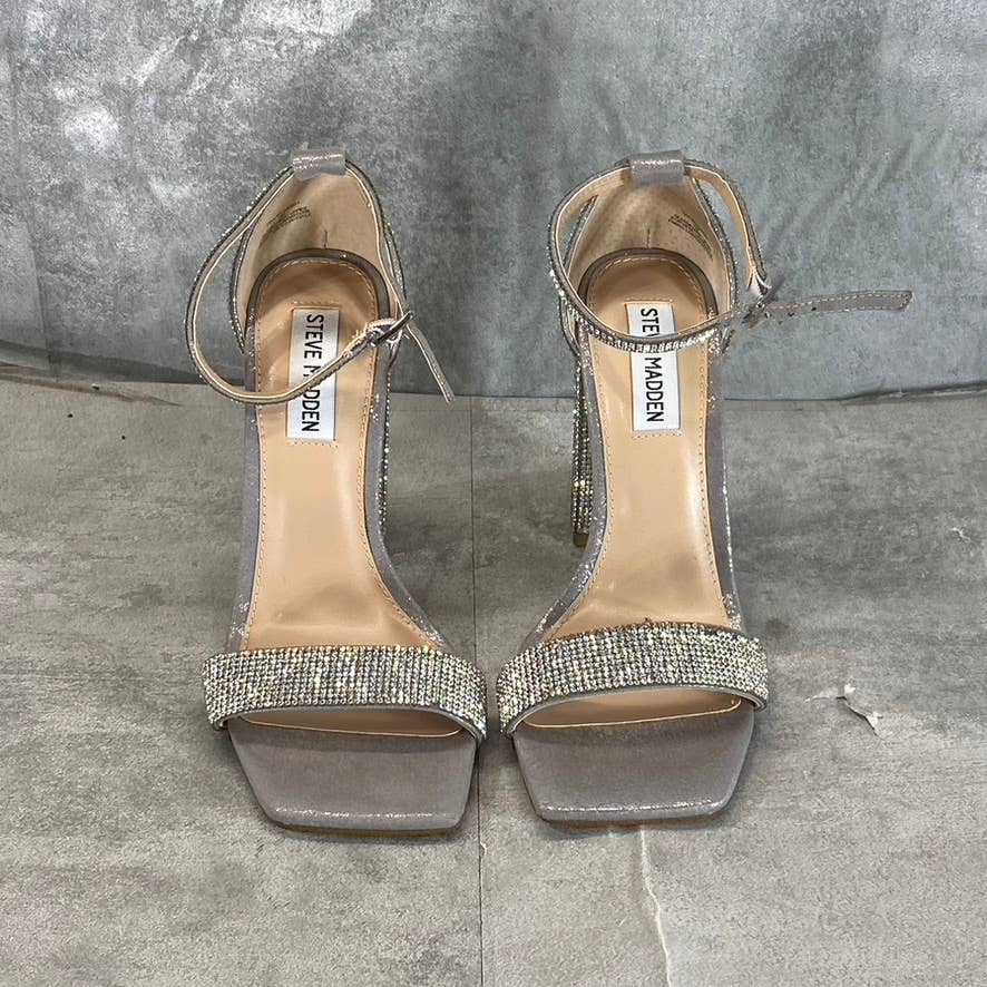 STEVE MADDEN Women's Silver Rhinestone Tiaa Square-Toe Two-Piece Sandals SZ 7