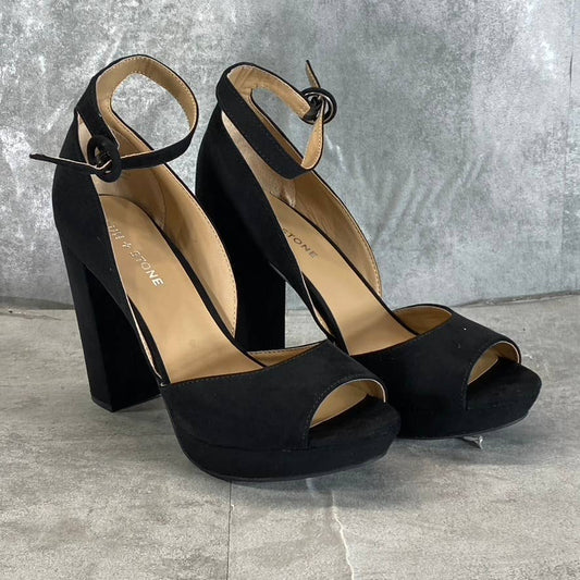 SUN+STONE Women's Black Micro Reeta Block-Heel Ankle Strap Platform Heels SZ 9