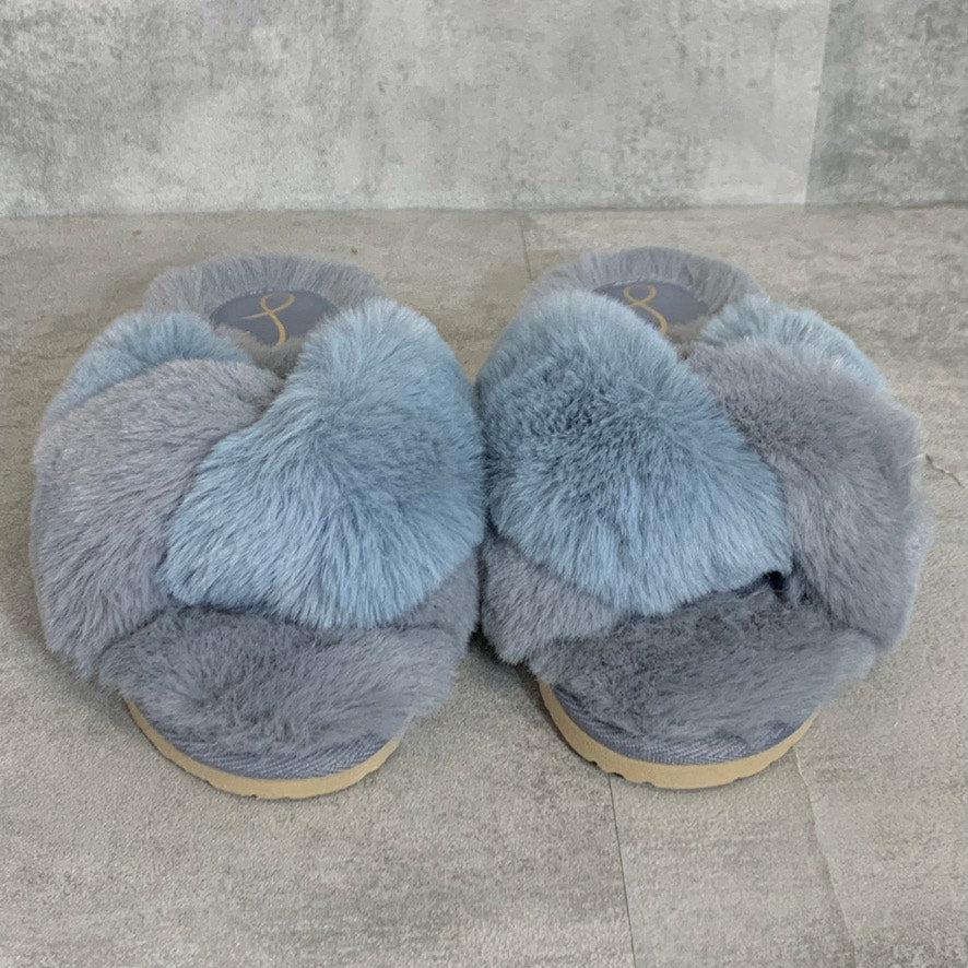 SAM EDELMAN Blue Grey Faux Fur Cross Band Jaley Slip-On Slippers SZ 7