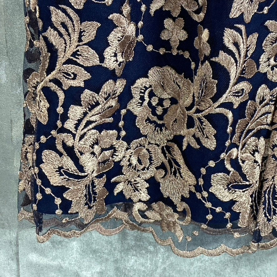 JS COLLECTION Women's Navy/Latte V-Neck Floral Embroidered Scalloped Trim Dress