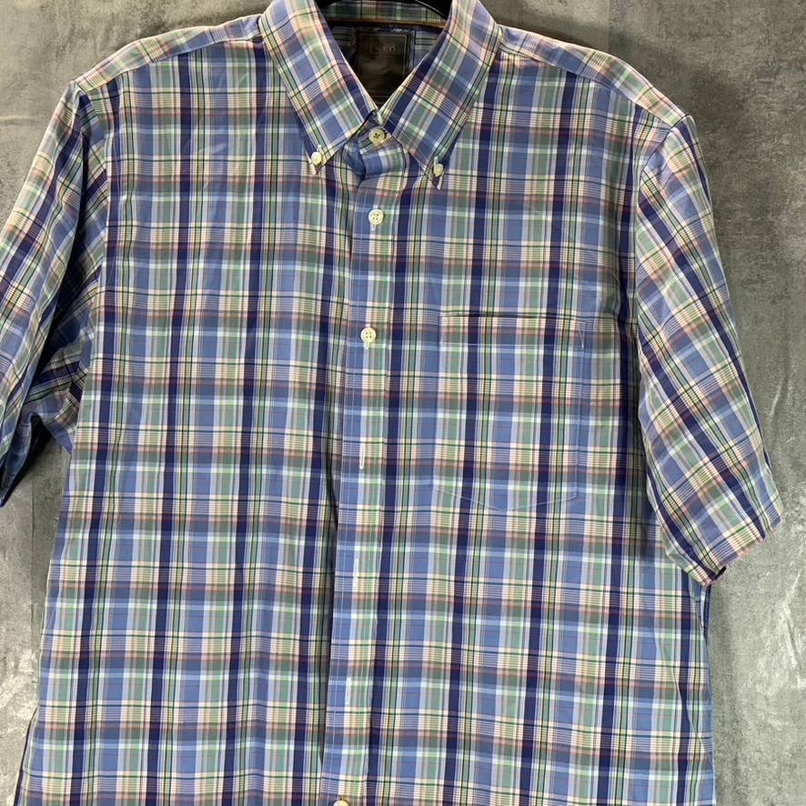 ENRO Men's Blue Multi Plaid Non-Iron Button-Up Short-Sleeve Shirt SZ L