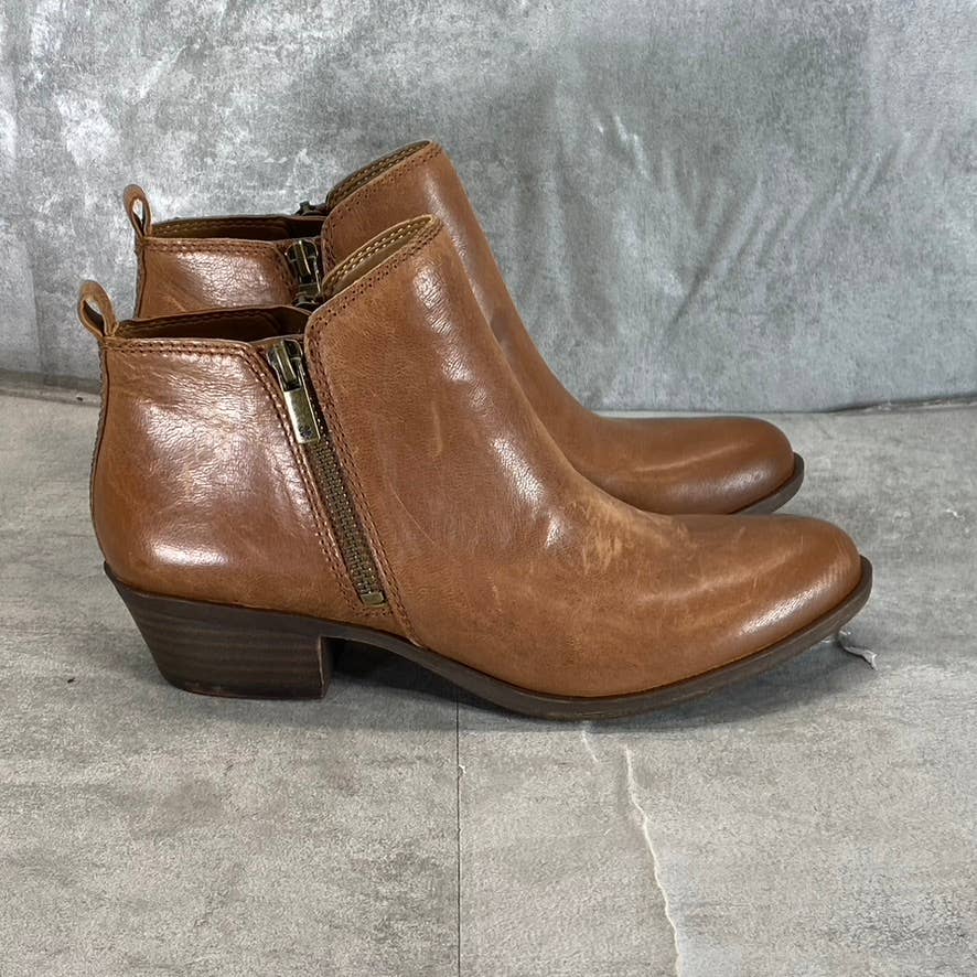 LUCKY BRAND Women's Toffee Barillos Leather Basel Double Block-Heel Boots SZ 6.5