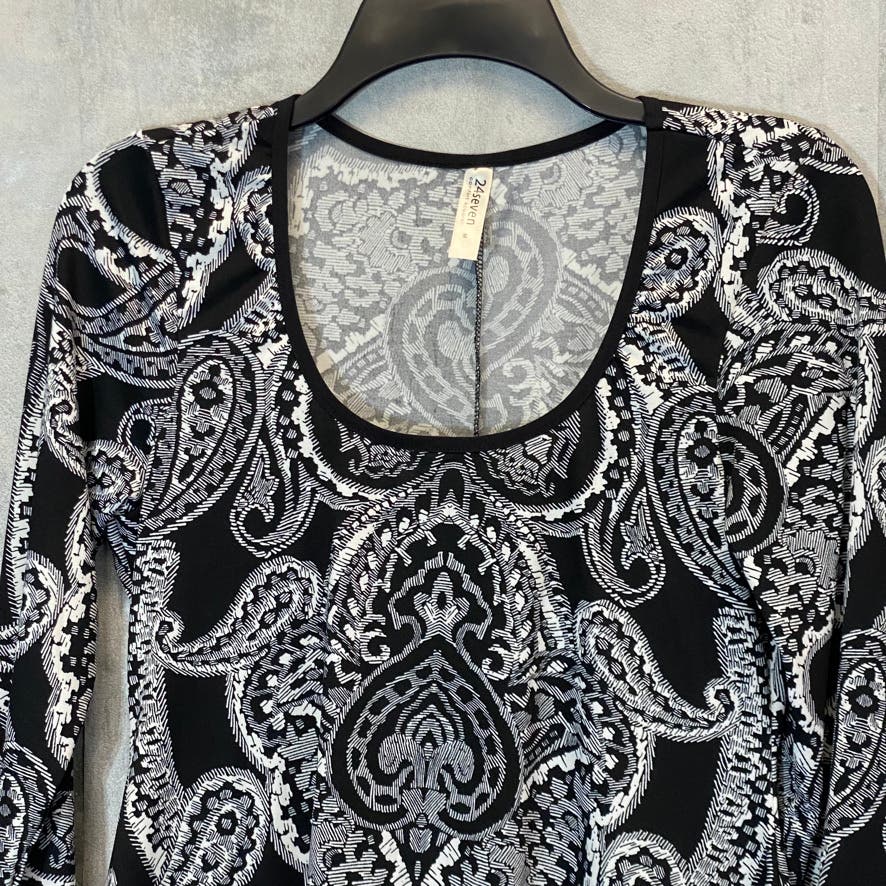 24/7 COMFORT APPAREL Women's Black Paisley Scoop Neck Long Sleeve Tunic Top SZ M