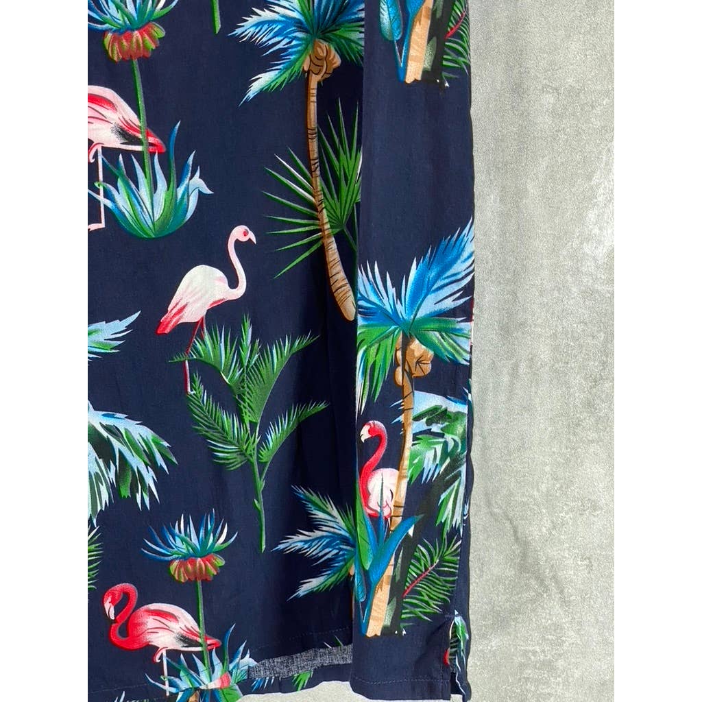 ALEX VANDO Men's Navy Flamingo Hawaiian Button-Up Short Sleeve Shirt SZ S