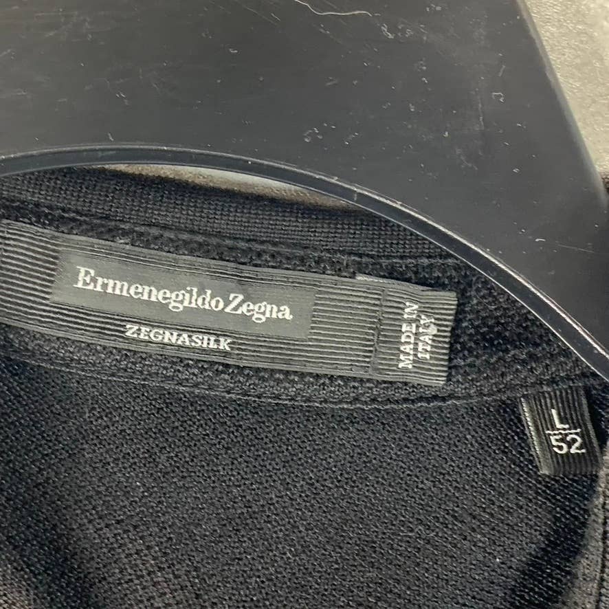 ERMENEGILDO ZEGNA Men's Black Textured Silk Blend Short-Sleeve Polo Shirt SZ L