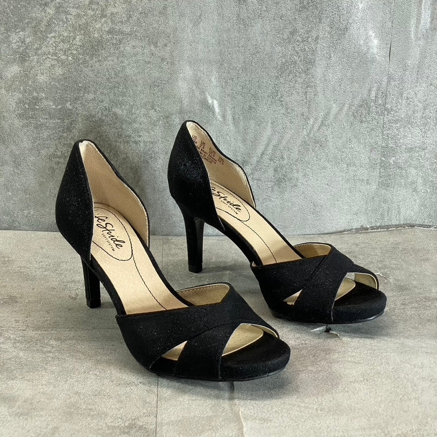 LIFESTRIDE Women's Black Glitter Mykonos Round Open-Toe Slip-On Pumps SZ 5.5