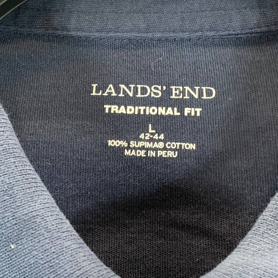 LANDS' END Men's Navy Traditional-Fit Supima Long-Sleeve Polo Shirt SZ L