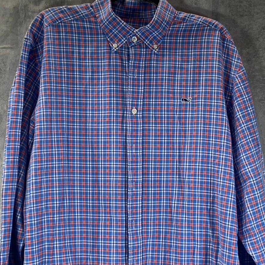 VINEYARD VINES Men's Blue/Orange Plaid Classic-Fit Button-Up Whale Shirt SZ L