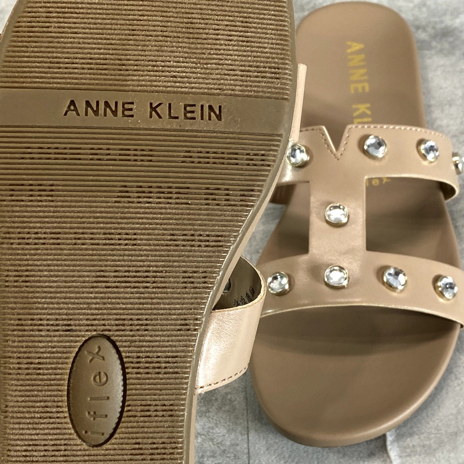 ANNE KLEIN Women's Natural Gold Studded Akely Slide Sandals SZ 8