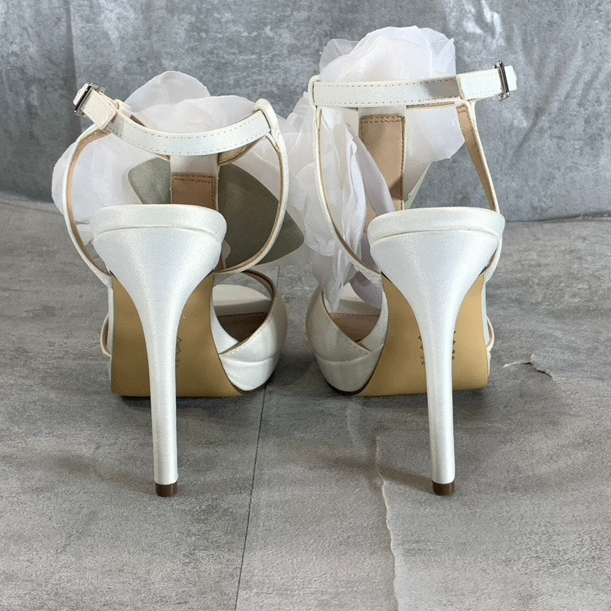 NINA Women's Ivory Luster Satin Brijida 3D-Flower T-Strap Platform Sandals SZ 6