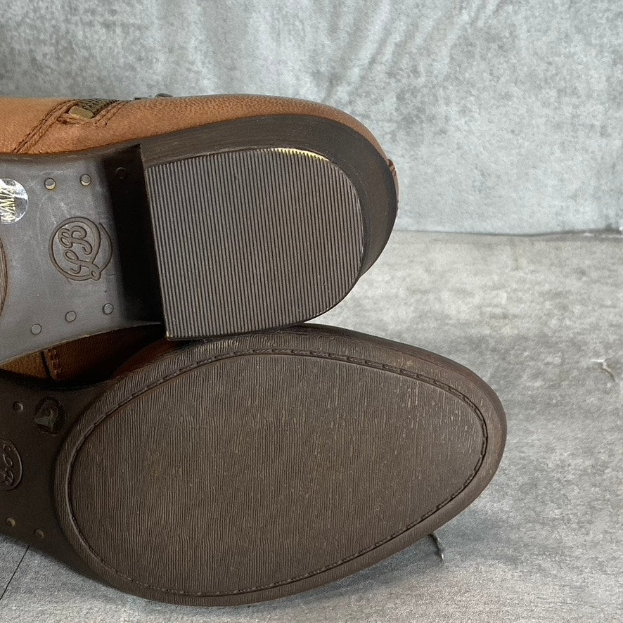 LUCKY BRAND Women's Toffee Barillos Leather Basel Double Side-Zip Block-Heel