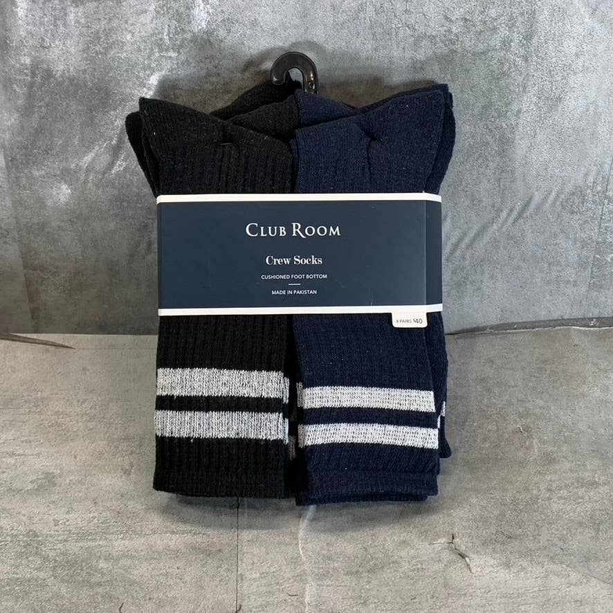Club Room Men's Black/Navy Striped 8-Pack Crew Socks SZ 10-13
