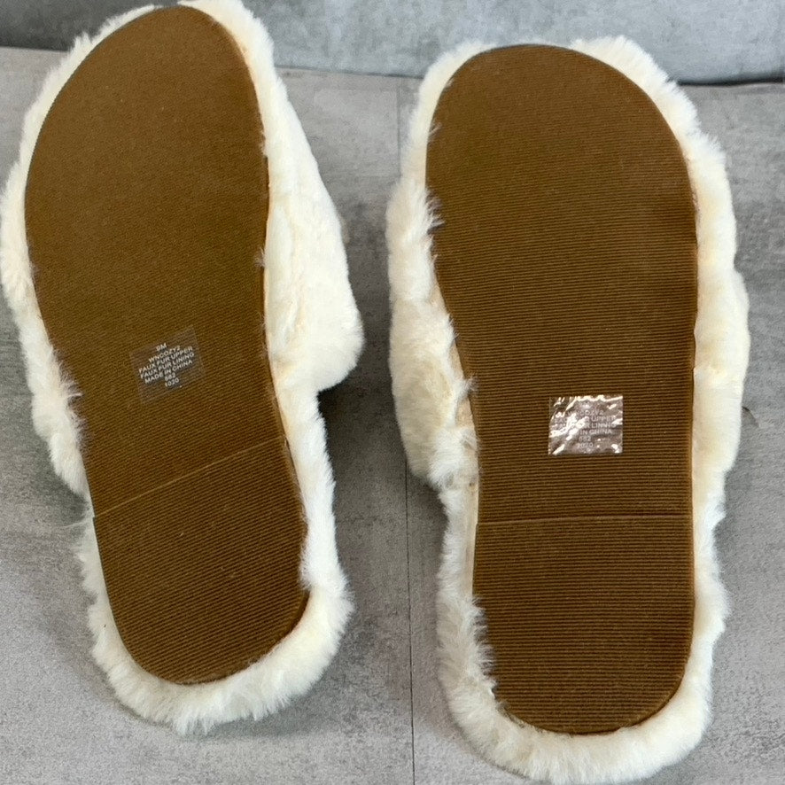 NINE WEST Women's Light Natural Fabric Cozy Faux-Fur Cross Band Slide Sandals