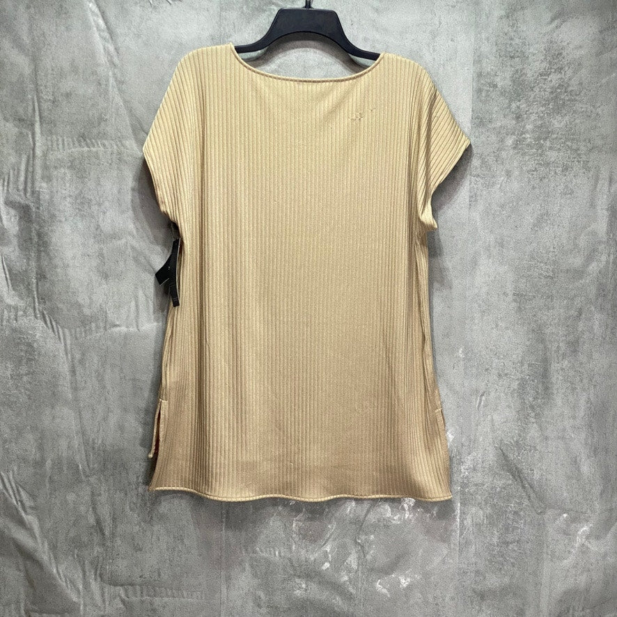ALFANI Beige Ribbed High-Low Short Sleeve Scoop Neck Tunic Top SZ L