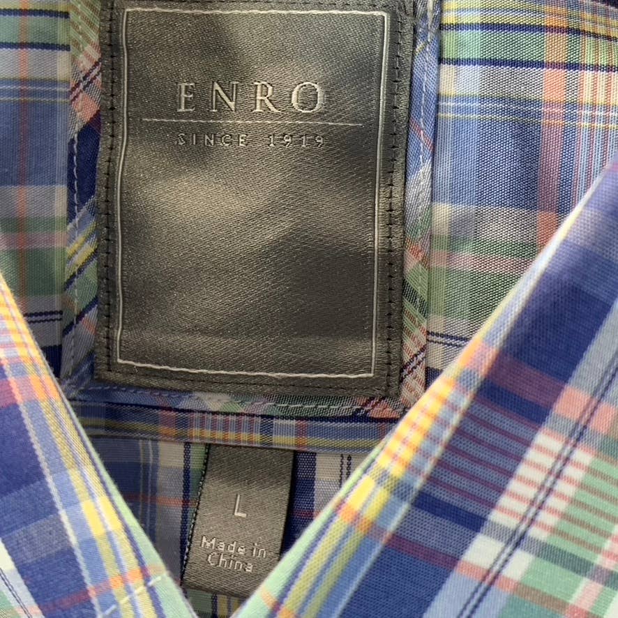 ENRO Men's Blue Multi Plaid Non-Iron Button-Up Short-Sleeve Shirt SZ L