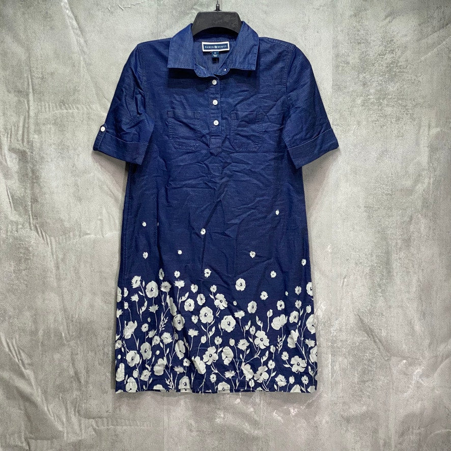 KAREN SCOTT Petite Blue Floral-Print Short-Sleeve Collar Mini Denim Dress SZ P/P