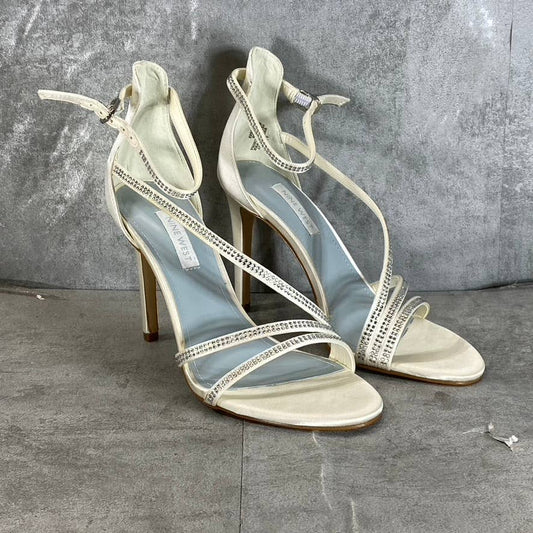 NINE WEST Women's Ivory Irelynn Ankle-Strap Rhinestone Dress Sandals SZ 5.5