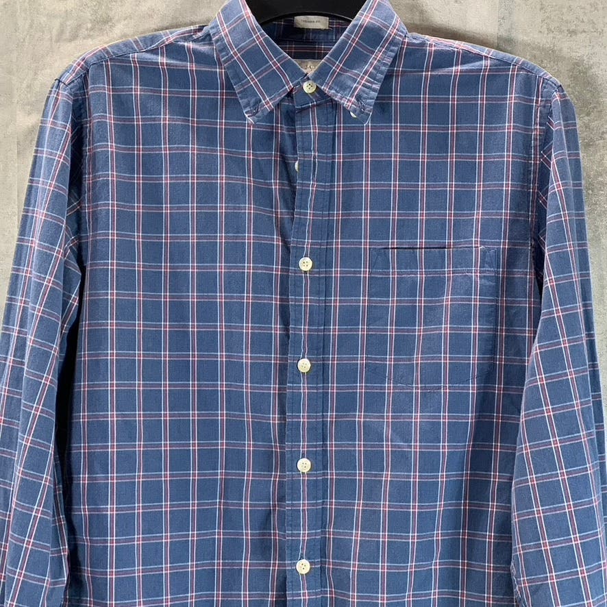 J.CREW Men's Blue Plaid Washed Casual Tailored-Fit Button-Up Shirt SZ S
