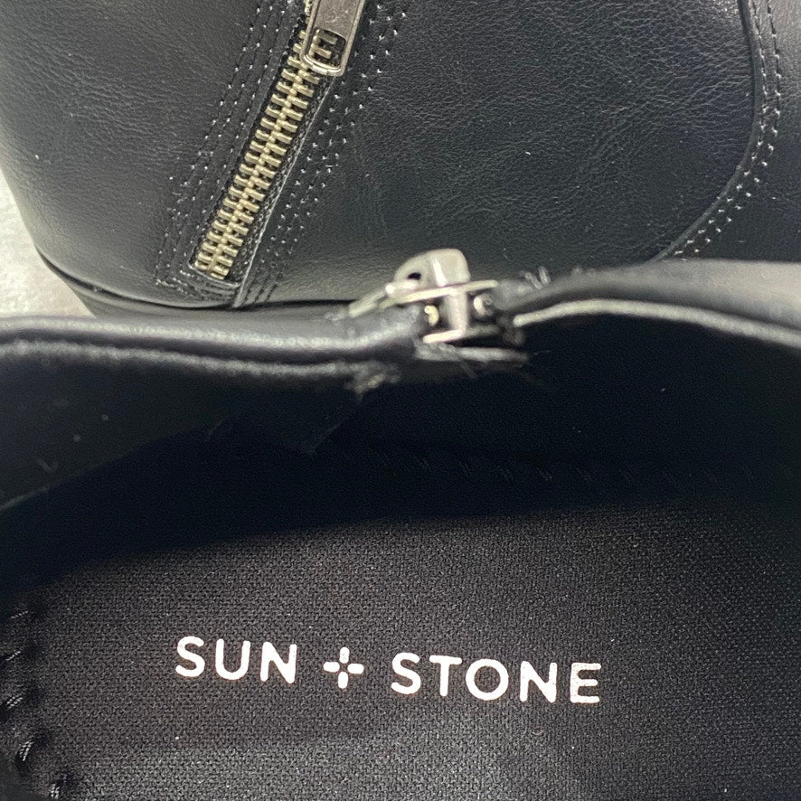 SUN + Stone Black Double Zip Block Heel Ankle Booties SZ 9