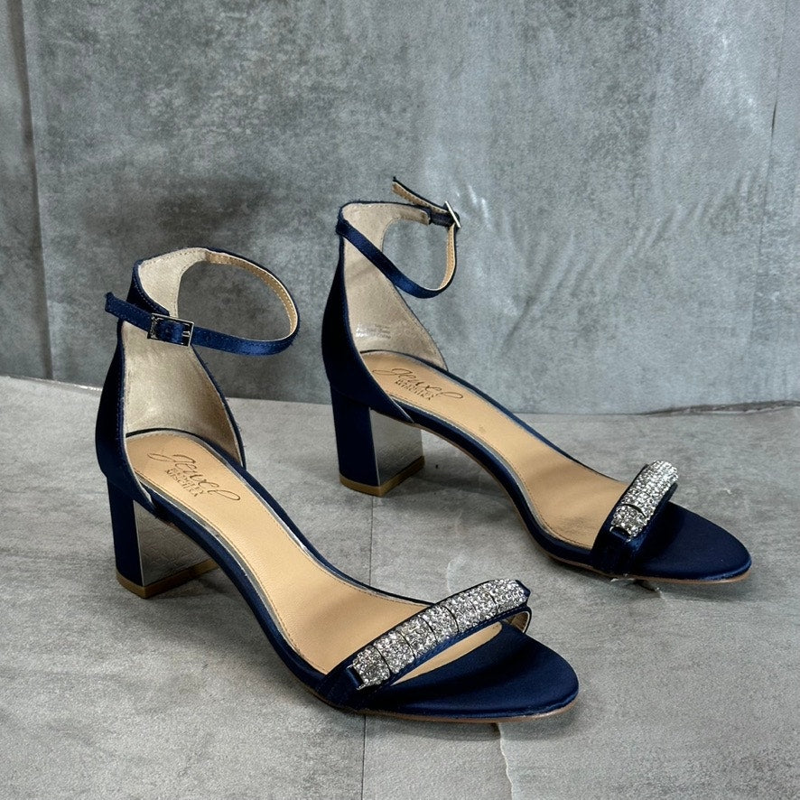 JEWEL BADGLEY MISCHKA Women's Navy Satin Ramsay Rhinestone Evening Sandals SZ 8